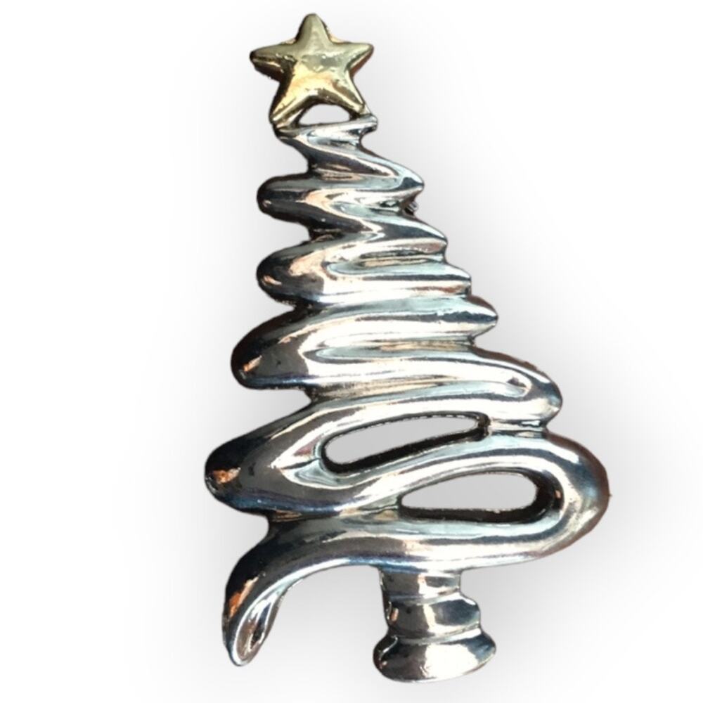 Gorgeous bright silver tone stylized Christmas tree brooch, pin - gold tone star